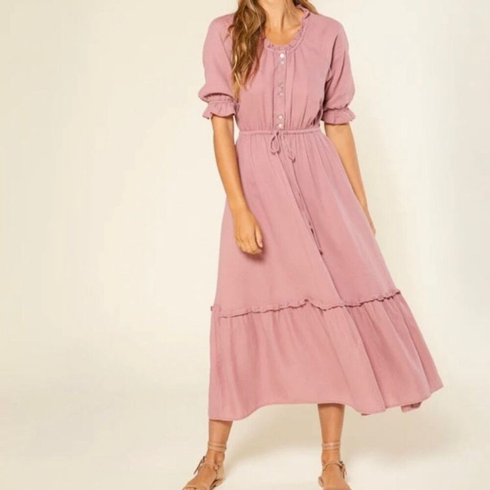 Outerknown Women's Odyssey Peasant Dress Cosmo Pink Maxi Dress- NWT